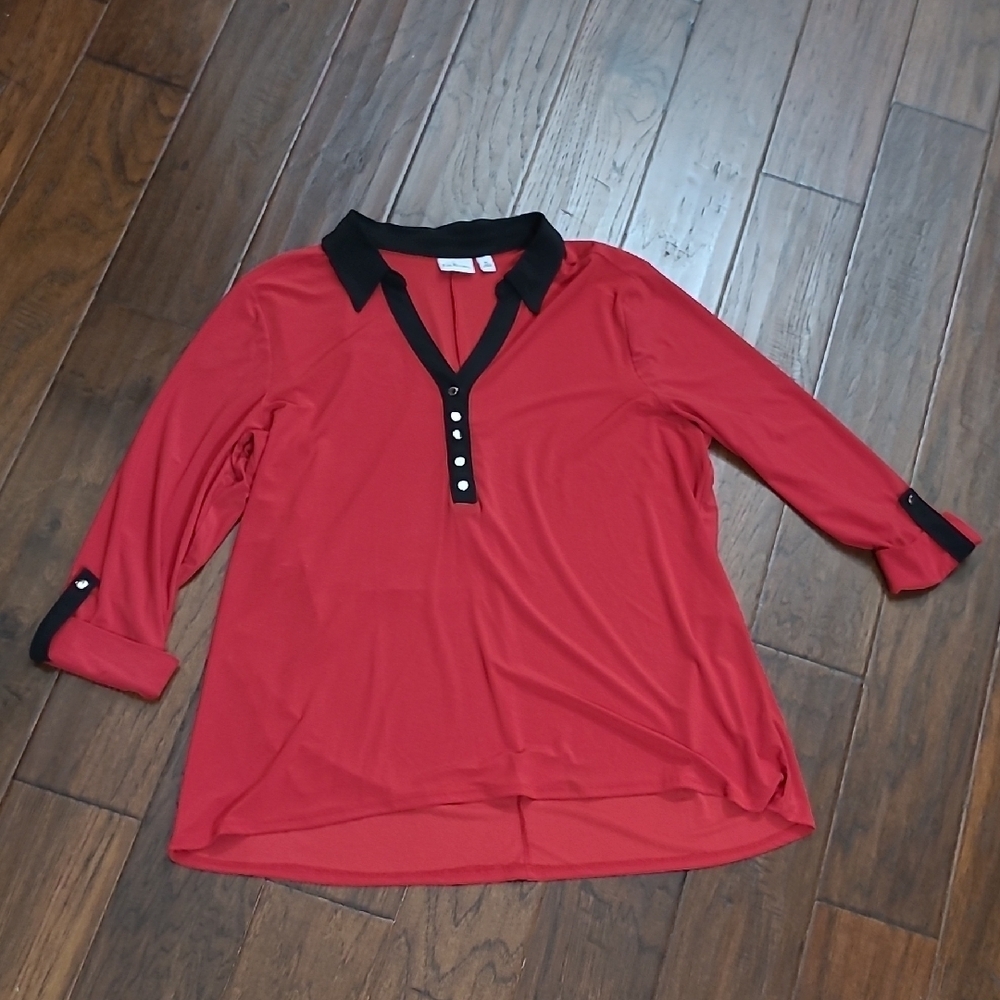 Kim Rogers Red 3/4 Sleeve Blouse with Black Trim & silver buttons size XL